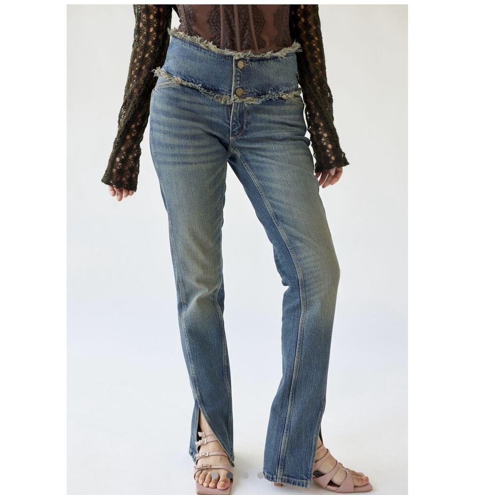 Women’s Vintage Cutoff Waistband Split Hem Denim Jeans Medium Wash Size 24 & 25